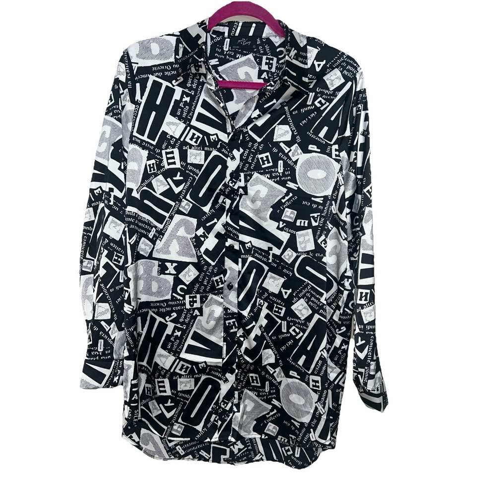 Milk‎ & Honey Women's White/Black Wearable Art Abstract Button Up Blouse Large